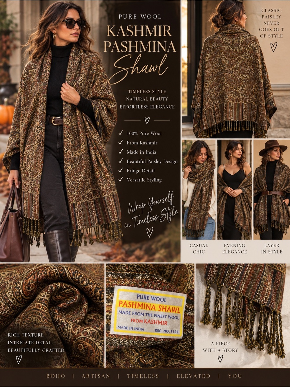 Pure Wool Kashmir Pashmina Shawl Paisley Fringe Wrap Boho Brown